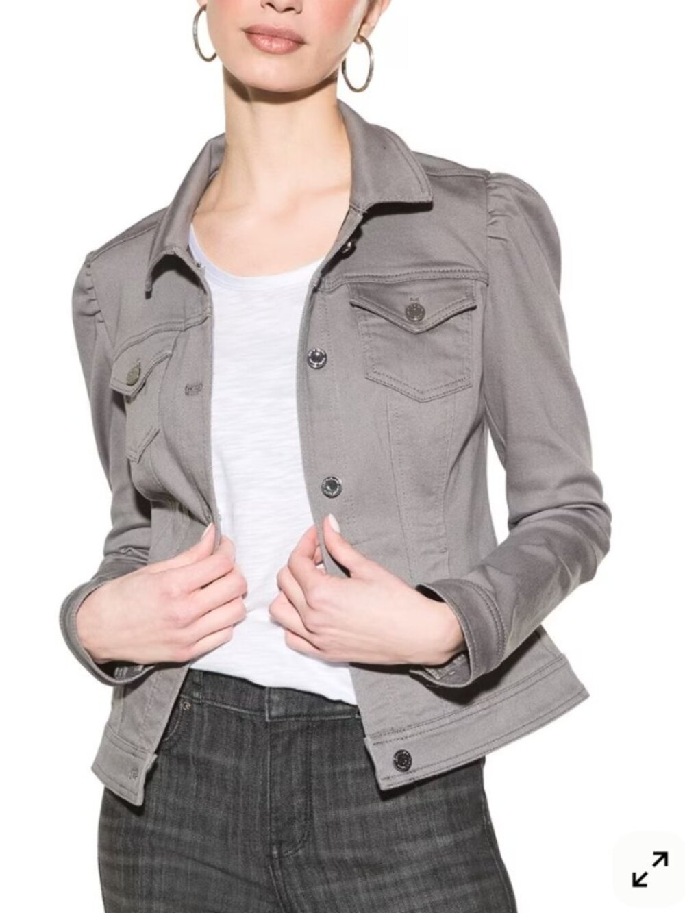 Women's Light Gray Denim Jacket with Puff Shoulders